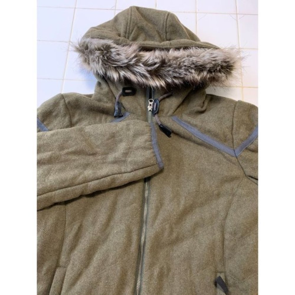 prAna Womens Coat Size Medium Green Faux Fur Hooded‎ Jacket Poly-Wool Blend